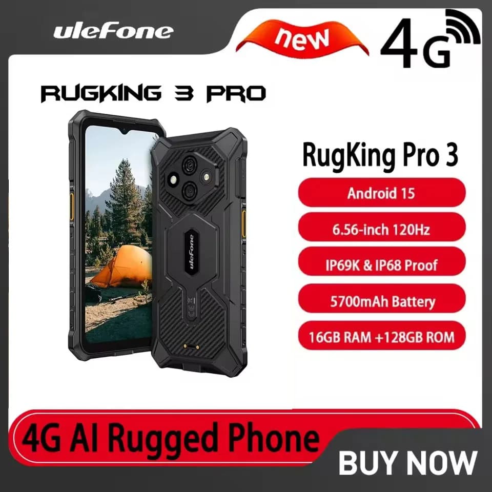 Ulefone RugKing Pro 3 Global 4G AI Telefono Rugged, 16GB RAM 128GB ROM NFC, Schermo 6.56 Pollici 120Hz, 5700mAh, Fotocamera 48MP Macro, 2MP, Android 15