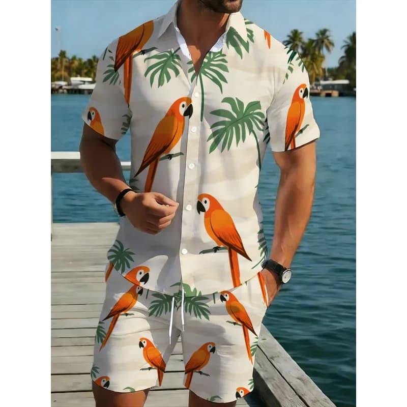 Men's Parrot Printed Shirt Shorts Set Lightweight Polyester Summer Vacation Beach Casual Outfit for Poolside