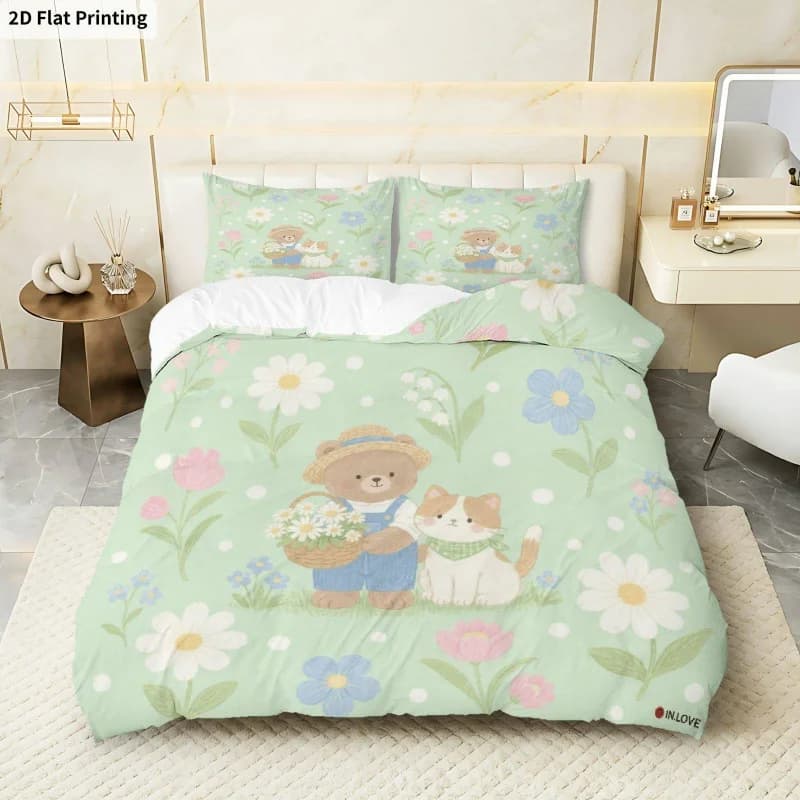 Set Copripiumino 3 Pezzi con Stampa 2D, 1 Copripiumino + 2 Federe (Senza Imbottitura), Tema Orso Gatto Floreale