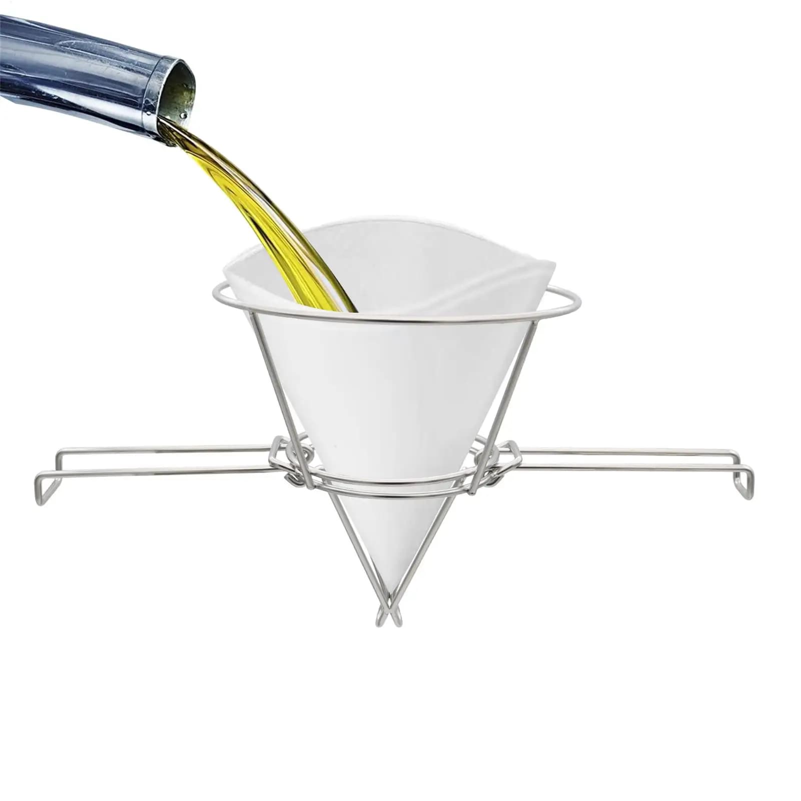 Cone filter holder with folding arms, stainless steel oil filter for fryer and pans