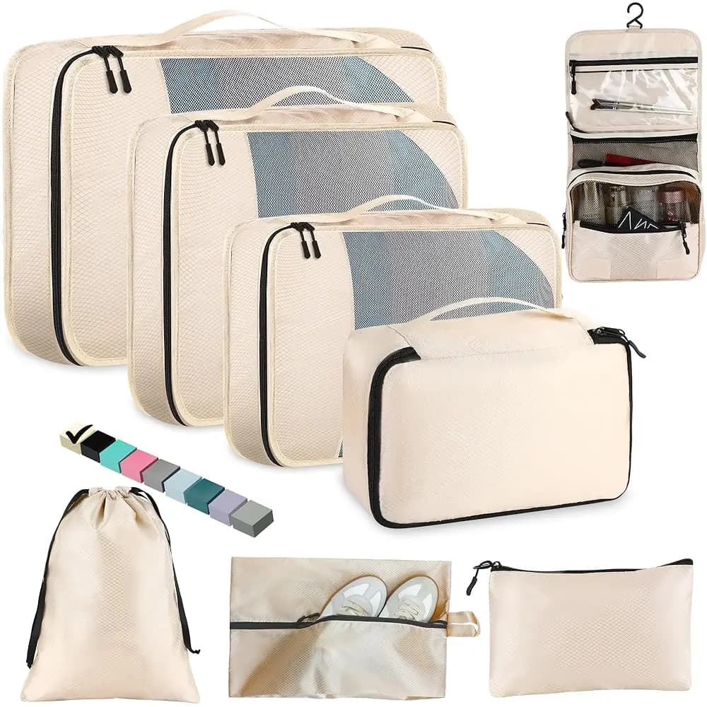 Set di 8 Cubi Organizzatori per Valigie, Organizzatori in Rete con Borsa per Scarpe, Beauty Case, Sacchetti per Bucato, 4 Misure (XL/L/M/S)