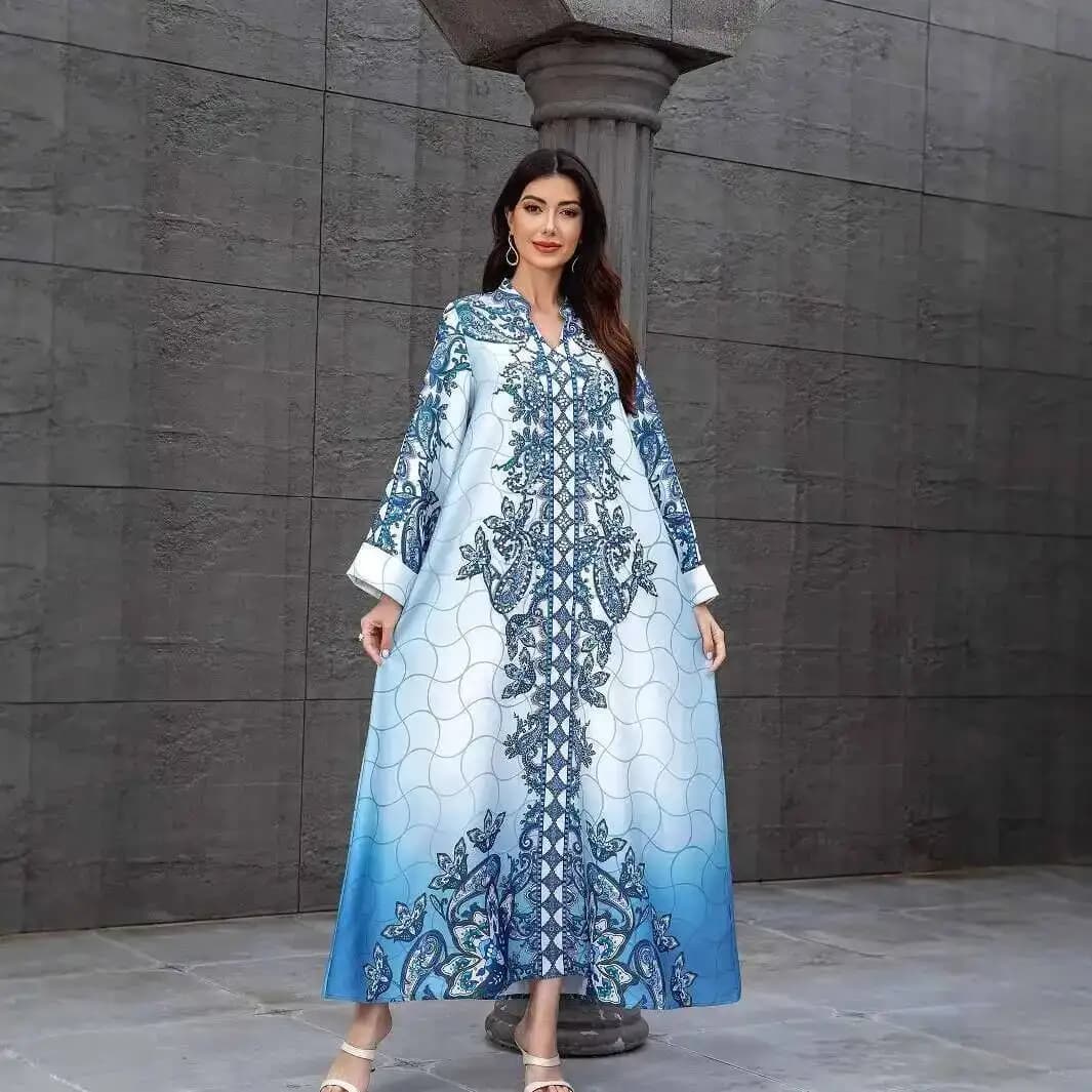Abito Elegante da Donna con Scollo a V Stampato Sw1113, Decorato con Perline e Strass, Abaya di Lusso per Ramadan, Stile Dubai Islamico