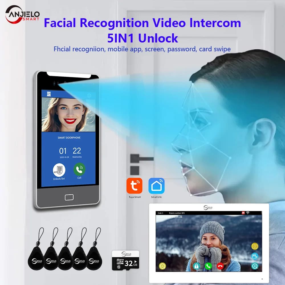 ANJIELO 5IN1TUYA Smart Sblocco AI Riconoscimento facciale Videocitofono Campanello intelligente Villas Edifici a molti piani Appartamento Ufficio
