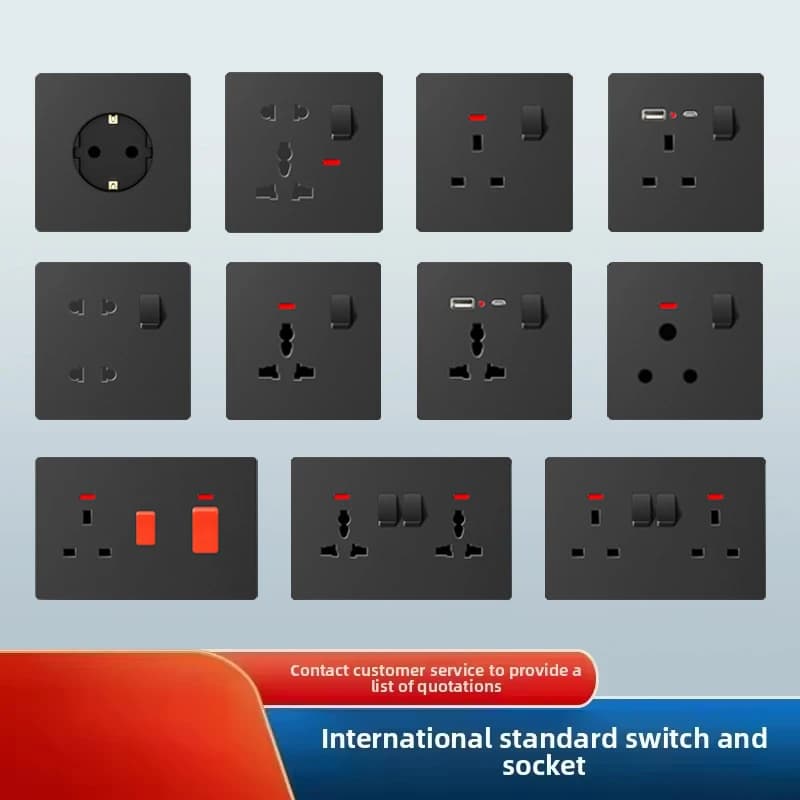British Switch Socket, Dual 13A Socket, One Open 15A Panel, Black European Plug 86 Type Concealed Multi-functional Five-hole