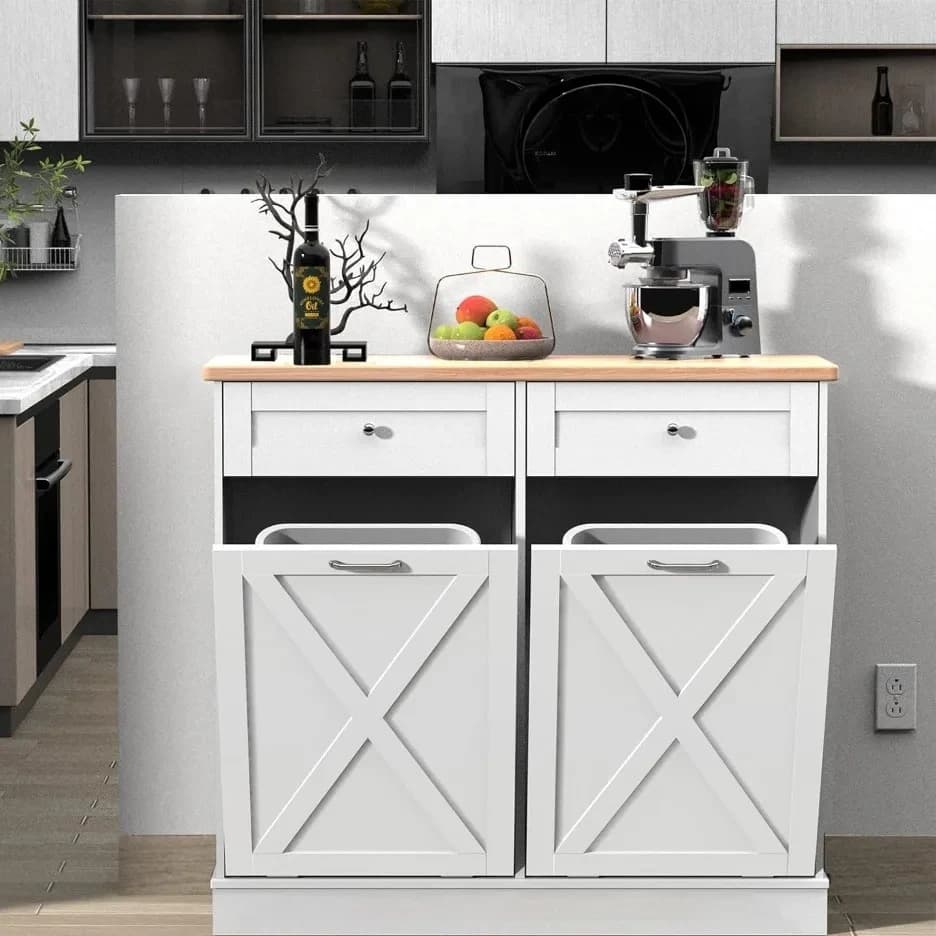 Mobiletto per la Raccolta Differenziata con Doppio Contenitore Ribaltabile, 20 Galloni, in Legno, da Cucina e Lavanderia, con Cassetto a Scomparsa, Spedizione USA