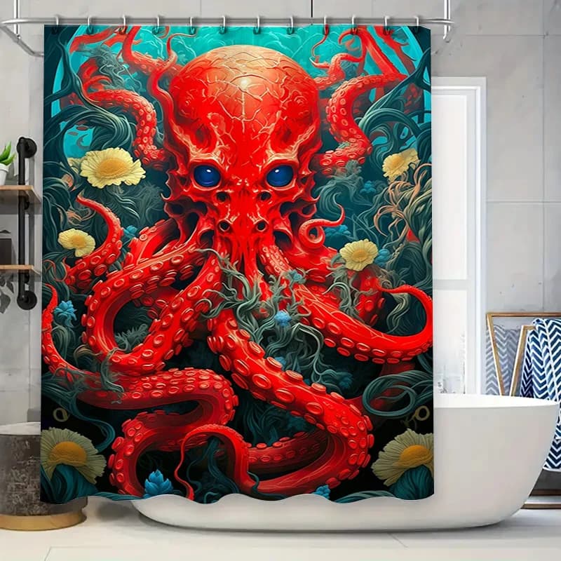 Tenda da doccia Octopus Mondo sottomarino Artistico Blu Rosso Polpo Decorazione da bagno Tessuto idrorepellente stampato in 3D Dimensioni: 72x84 pollici