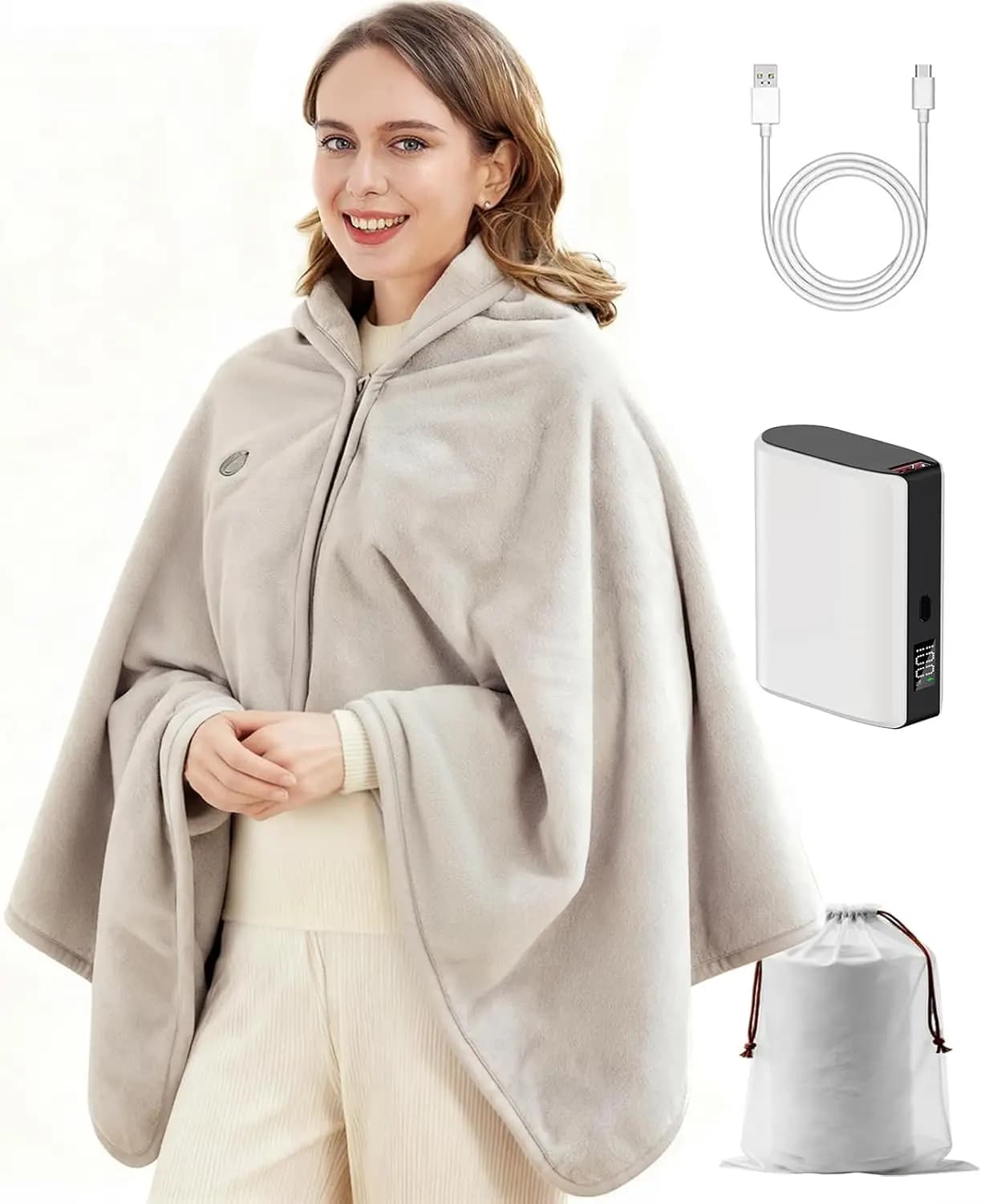 Coperta riscaldata senza fili, tiro ricaricabile con riscaldamento a infrarossi lontani, finta pelliccia di coniglio, batteria da 9000 mAh per viaggi e uso esterno