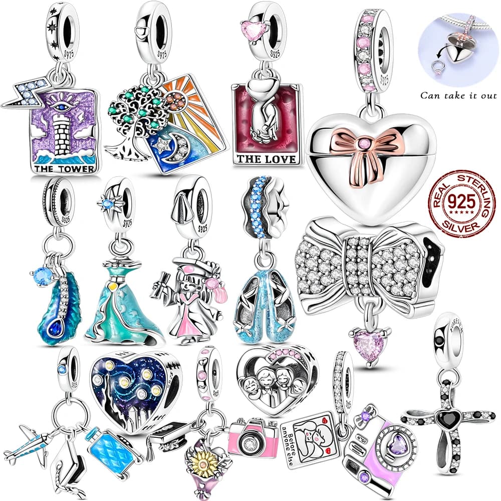 925 Silver Charms Tarot Card Graduate Openable Heart Box Beads Fit Original Charm Bracelet DIY Making Pendants Gift For Woman