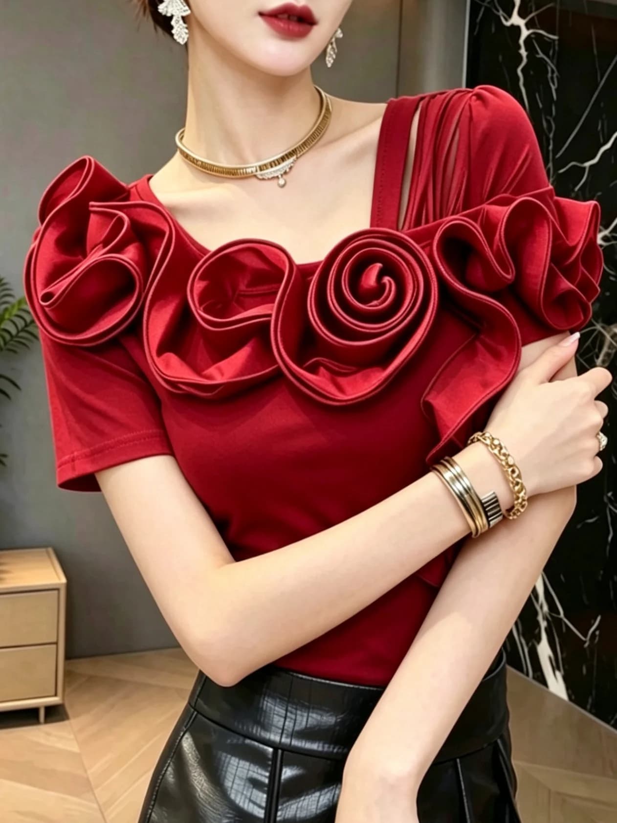Summer Women's Slim Fit Short Sleeve T-Shirt Shoulder Bared 3D Flower Design Breathable Comfortable Korean Style Top