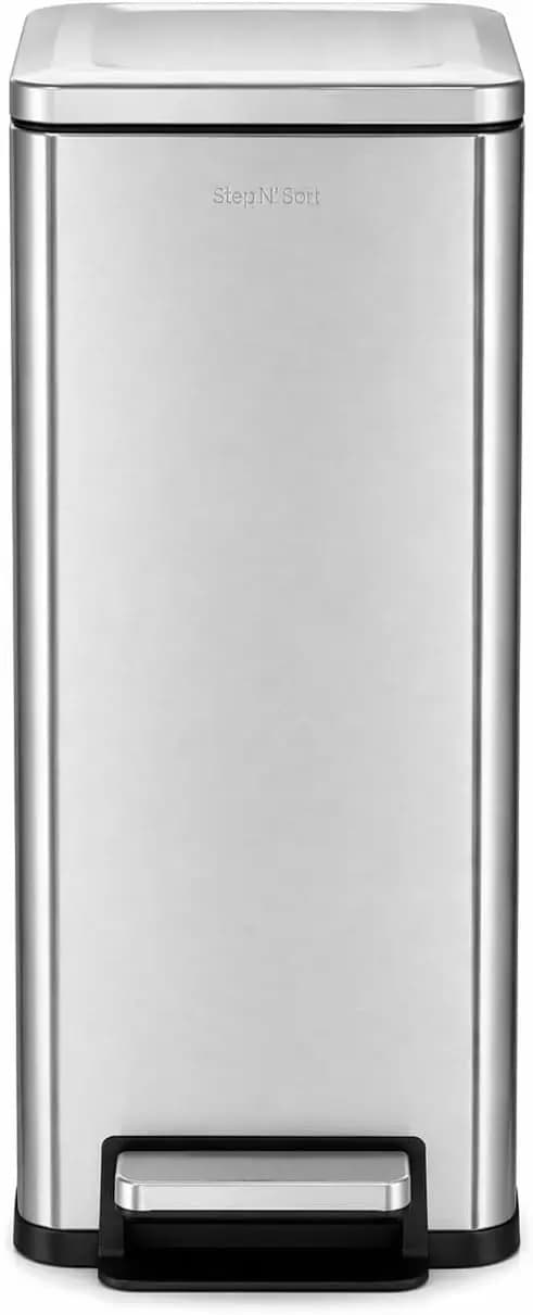 Slim Dual Recycling Bin 43L (2 x 21.5L) - Soft Close Kitchen Trash Can - Space Saving Stainless Steel - Removable Buckets