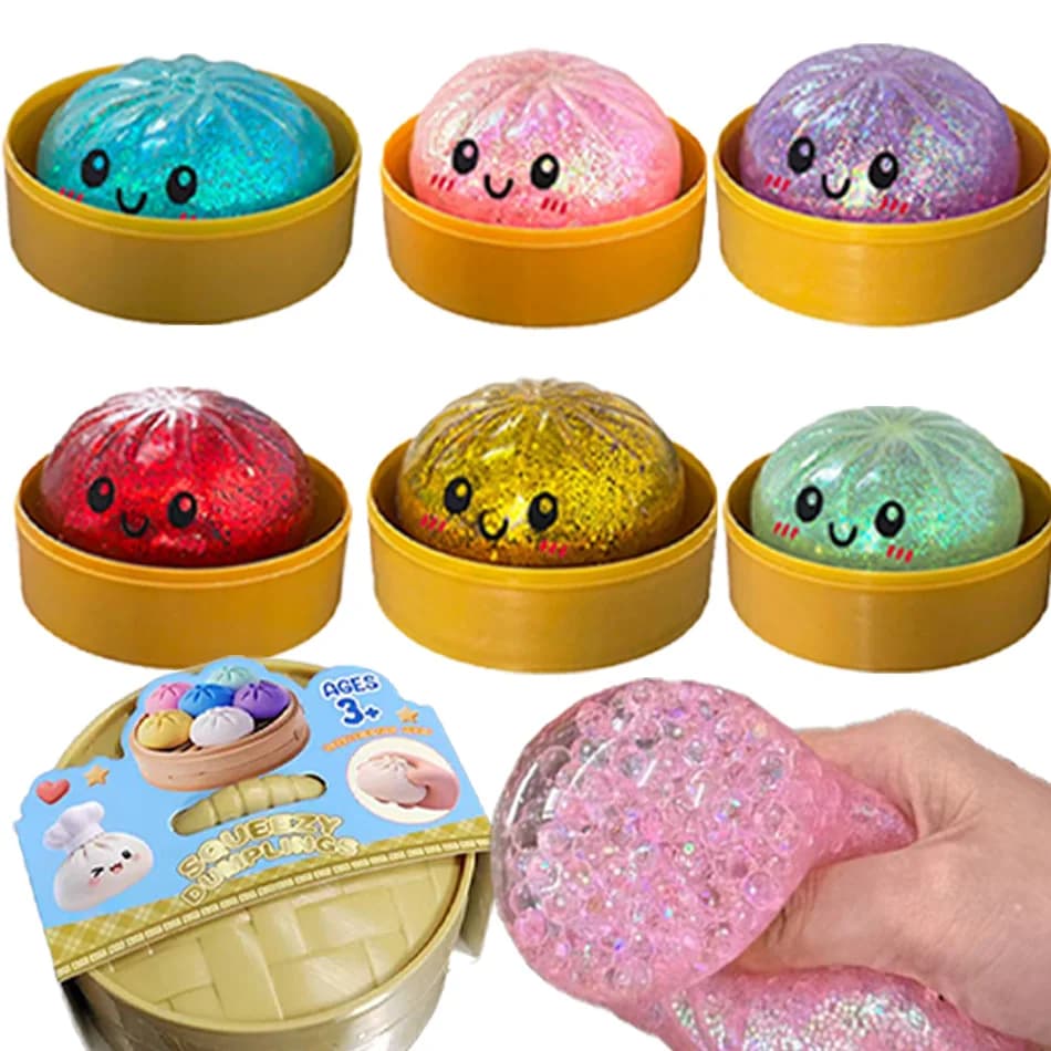 Giocattolo Antistress Glitterato a Forma di Raviolo, Palline Morbide Riutilizzabili con Vaporiera, Giocattoli Spremibili per Alleviare lo Stress, Regali