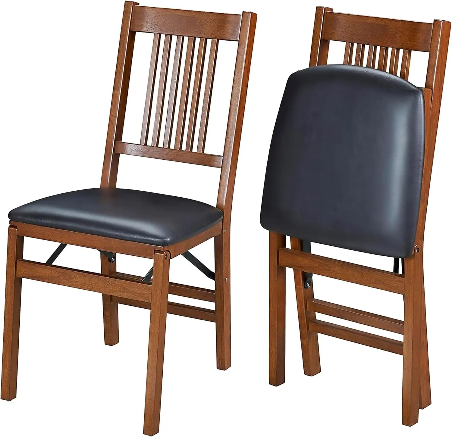 Dining Chairs Set Of 2 With Black Vinyl Padded Cushioned Upholstered Seat Wooden Folding Chairs For Kitchen Dining Room Fruitwood Finish
