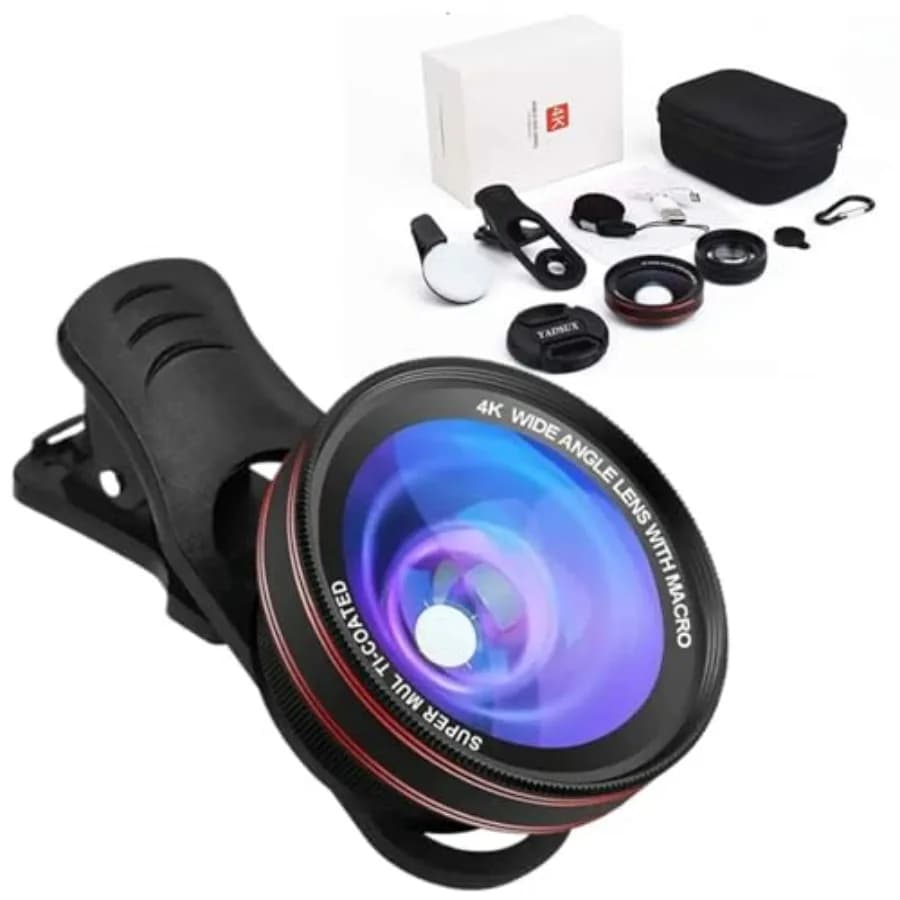 4K HD 0.45X + 15X Macro lens for iPhone S with Mini Ring Light for Selfie, Quick Hook Clip, Strap and Cleaning Panel
