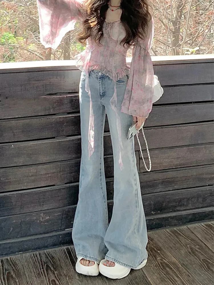 Jeans a Zampa d'Elefante a Vita Alta Effetto Lavaggio Chiaro da Donna, Nuovo Stile Estivo, Pantaloni a Zampa Sottile Effetto Snellente, Taglie Piccole