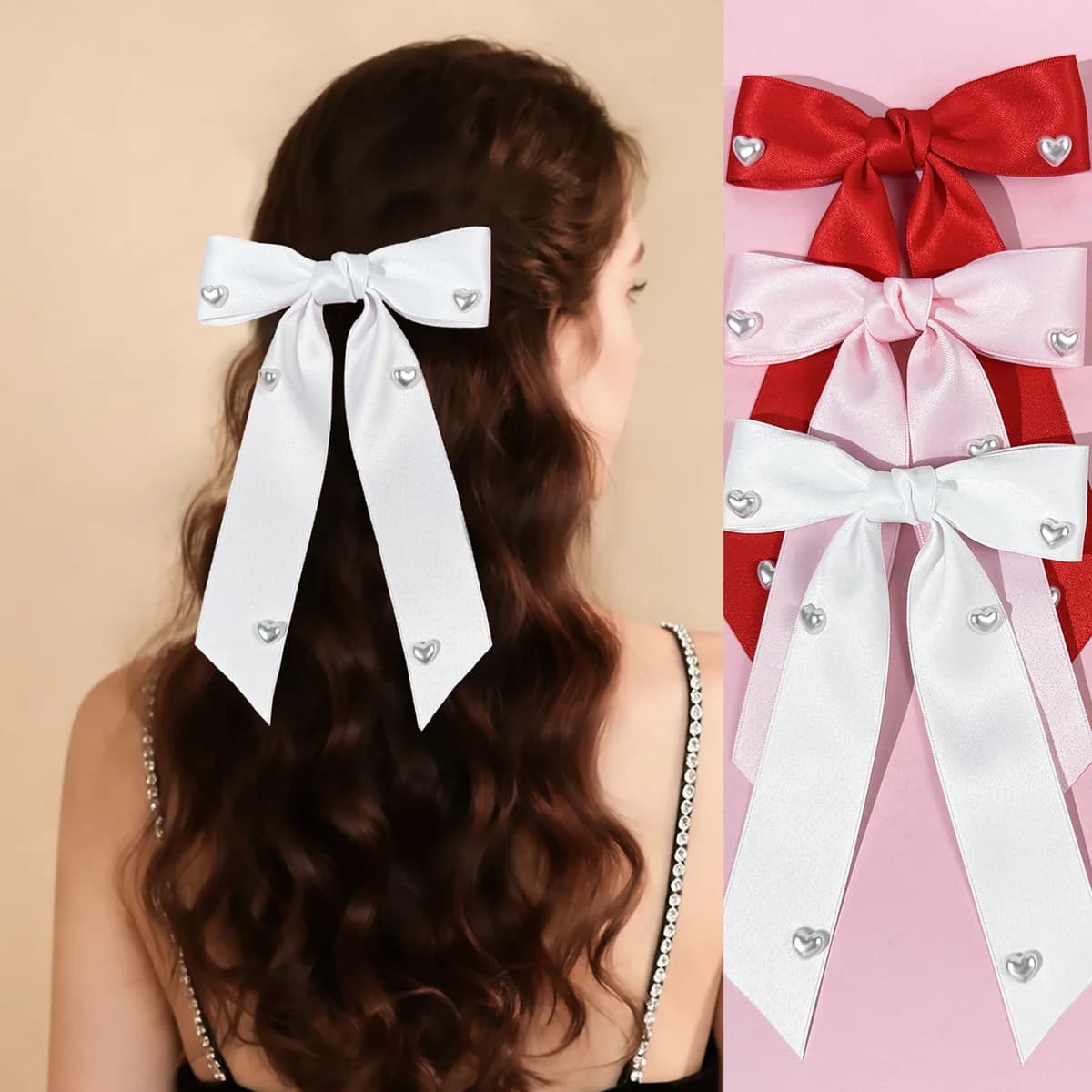 30PCs Ribbon Bow Hair Clips with Pearl Heart for Girls and Women, Long Tassel Barrettes, Valentine's Day Hair Accessories Bulk