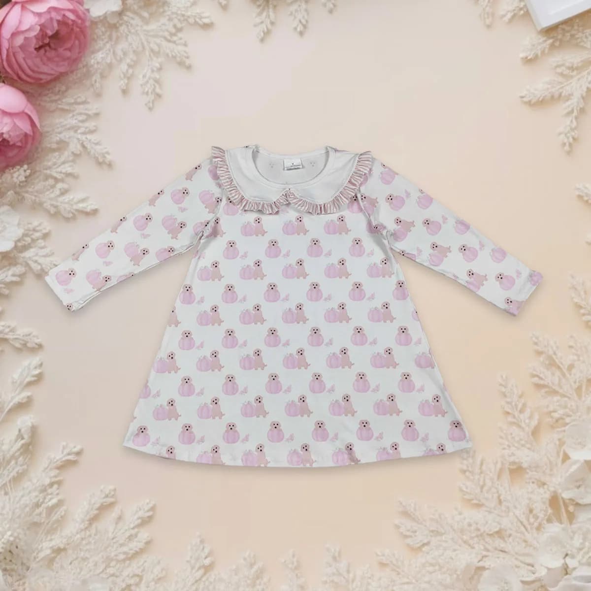 Vendita calda Ragazza del bambino Abito Vestiti Manica lunga Rosa Cane Zucche Lunghezza al ginocchio Infantile Bambini Autunno Abbigliamento Ringraziamento Abbigliamento carino