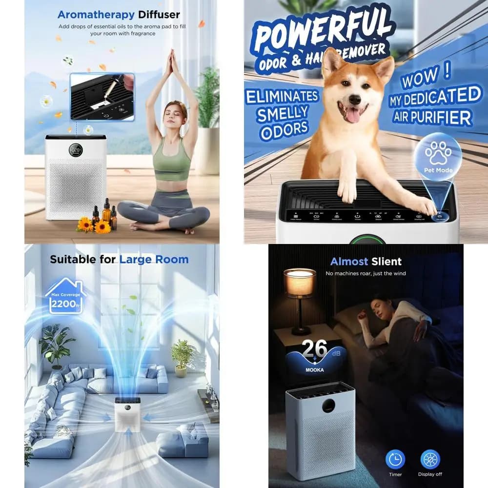 Purificatore d'Aria per Grandi Ambienti con Filtro Lavabile, Adatto per Animali Domestici, Display PM2.5, Ideale per Camere da Letto e Uffici