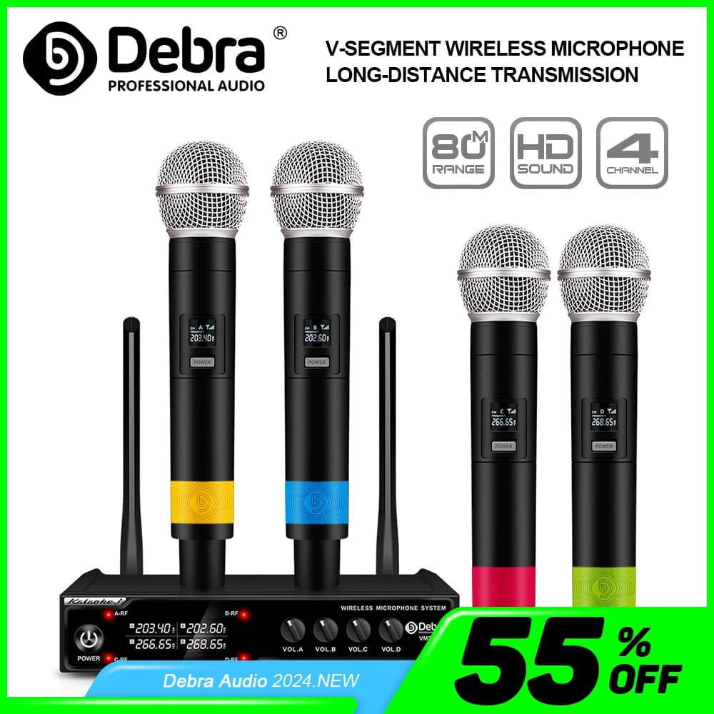 Debra Audio sistema microfono Wireless a 4 canali microfono portatile gamma 80m per Karaoke chiesa canto Set portatile