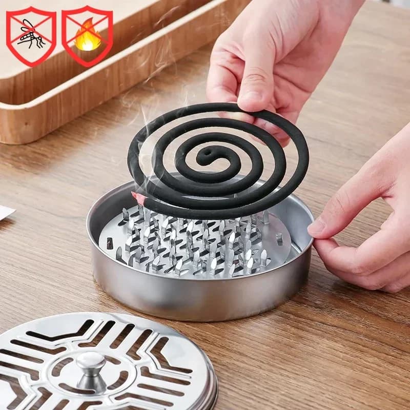Porta spirali antizanzare in acciaio inossidabile con coperchio, vassoio rotondo per spirali antizanzare, facile da pulire, accessori anti-zanzare