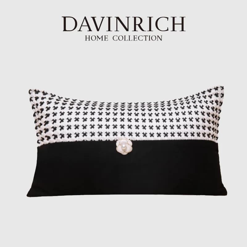 DAVINRICH Fodera per cuscino a quadretti bianco e nero con ornamento a camelia, tocco sofisticato, federa per cuscino lombare, elegante tessuto