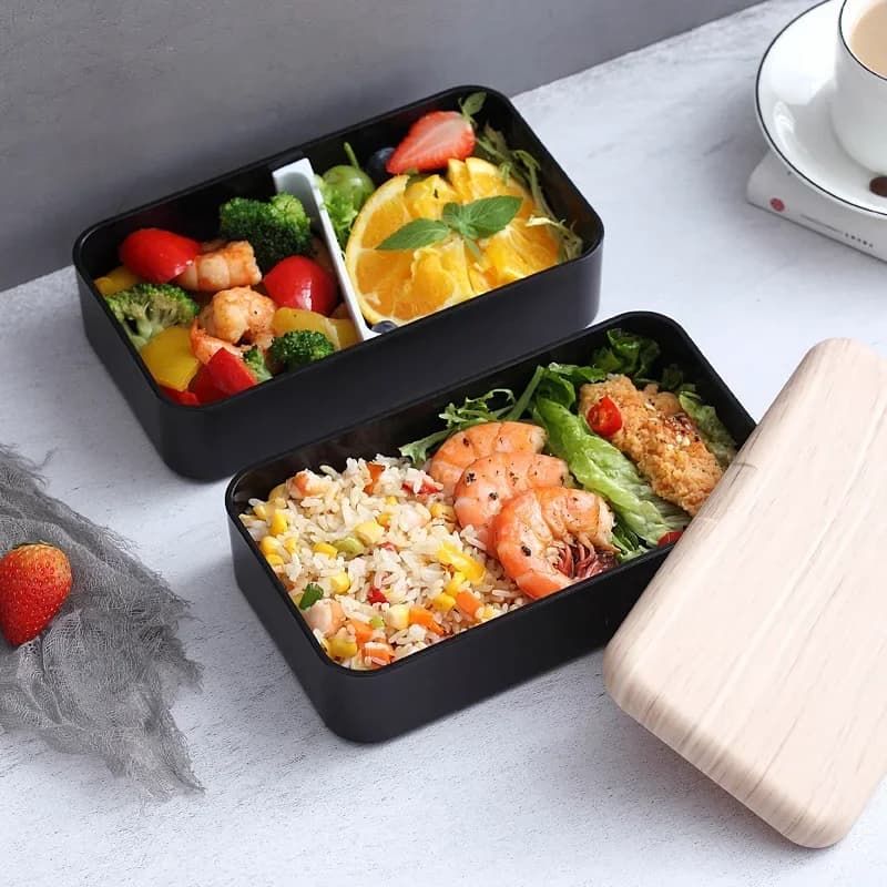 Contenitore per il pranzo sano in plastica portatile da 1200 ml a doppio strato con cucchiaio e copertura in legno alla moda per microonde