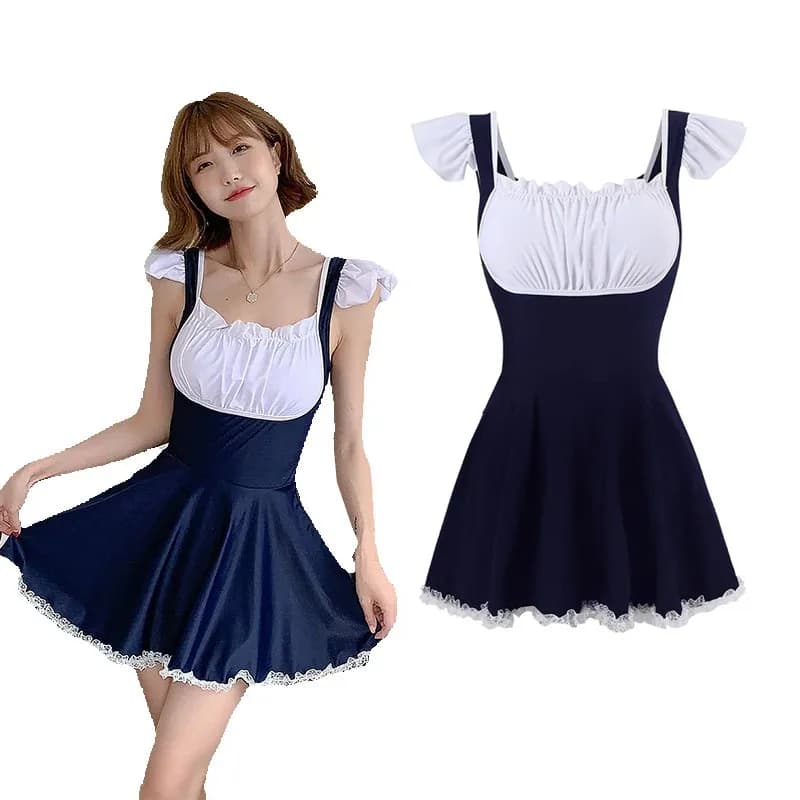 JK Ragazze Cameriera Stile Lolita Costume da bagno intero Abito da donna Estate Dolce Volant Senza maniche Backless Costumi da bagno