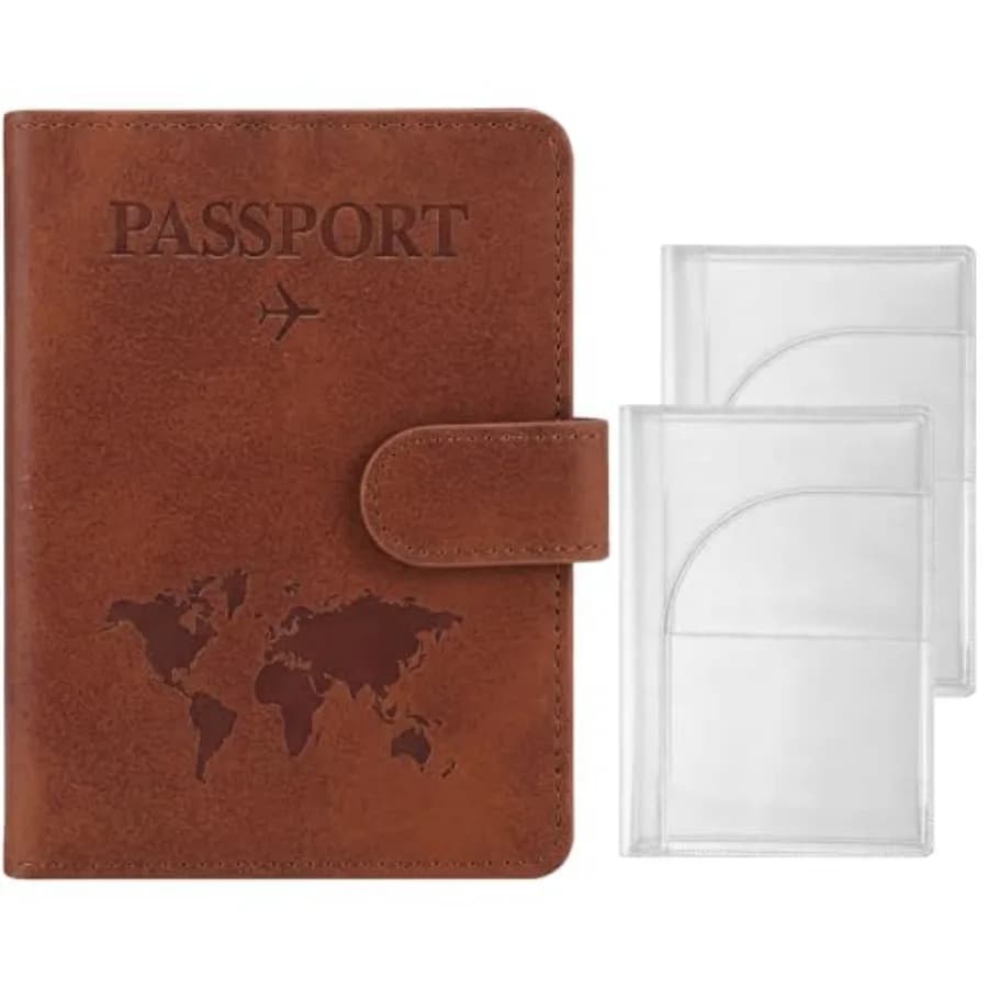 3-Pack Passport Holder Set RFID Blocking PU Leather Travel Passport Wallet with Magnetic Button + 2 Clear PVC Passport Covers T