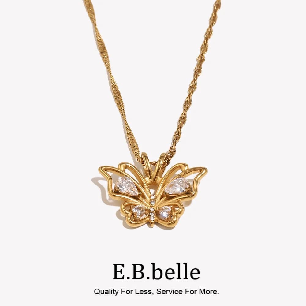 E.B.belle Jewelry Stainless Steel 18K Gold Plated 3A Zircon Stone Luxury Butterfly Pendant Necklace Crystal Butterfly Necklace