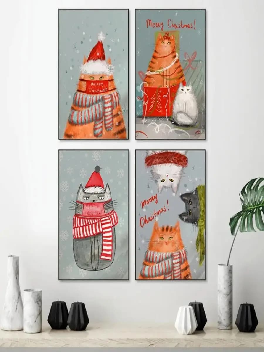 Poster con Gatto Babbo Natale e Decorazioni per Albero di Natale, Arte da Parete Stampabile su Tela per Soggiorno, Camera da Letto, Decorazione Festiva per la Casa