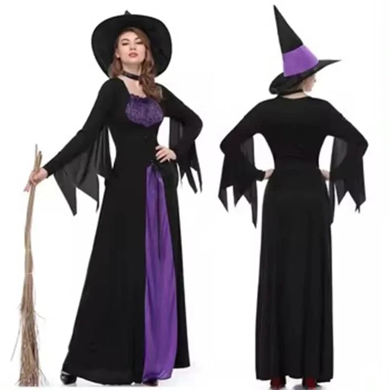 Costume da strega di Halloween per donna, gioco di ruolo per adulti, abito da strega viola, abito da spettacolo cosplay