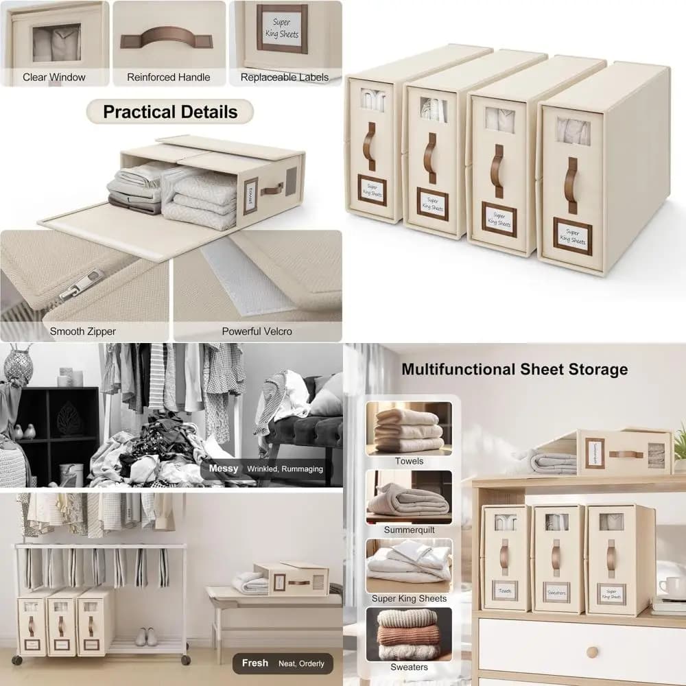 Set of 4 Organizers for Sheets with Handle, Bed Linen Storage Box, Cal King Cover, 5.2 Gallon Beige