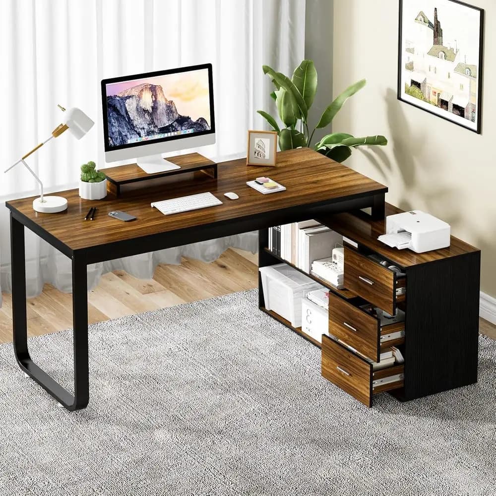 55 L-Shaped Computer Desk with Storage, Removable Monitor Stand, Suitable for Home Office and Kids' Study, Black