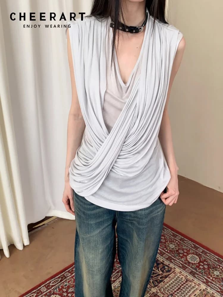 CHEERART Top senza maniche con scollo a V e drappeggio grigio da donna, blusa estiva alla moda