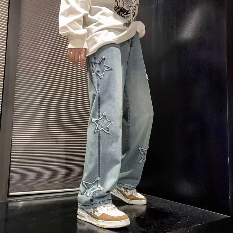 Jeans da uomo casual dritti con ricamo a stella gotico neutro nuovi pantaloni in denim larghi hip-hop moda giovanile streetwear Y2K