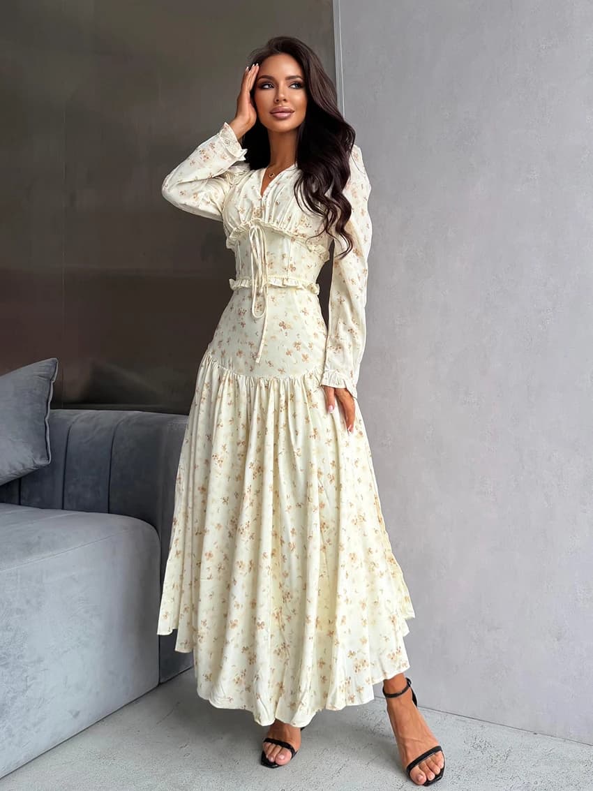 Marthaqiqi Stampa Indumenti da notte femminili Camicia da notte con lacci Pigiama a maniche lunghe Camicie da notte con scollo a V Abito alla caviglia Indumenti da notte di moda