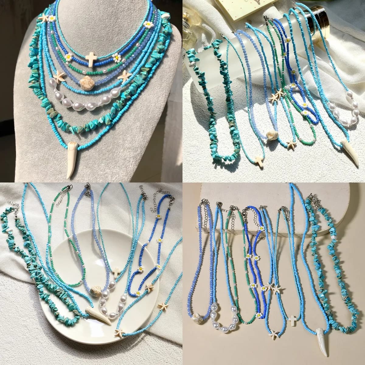 Bohemian Handmade Seed Bead Necklace for Women – Faux turquoise blue Pearl Flower Layered Clavicle Chain