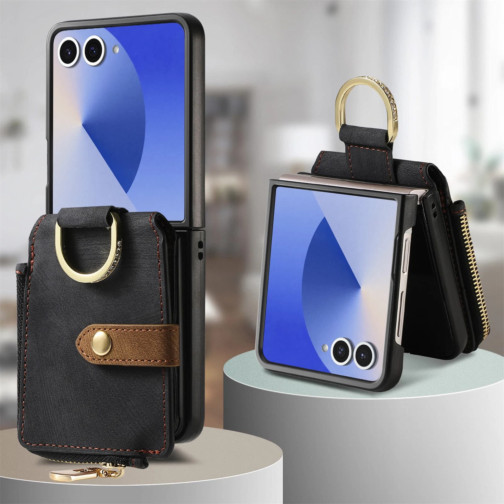 Porta carte di lusso Custodia per telefono versatile per Samsung W25 Galaxy Z Flip 7 6 5 4 Anello in pelle PU Portafoglio Borsa Retro Cover rigida per PC