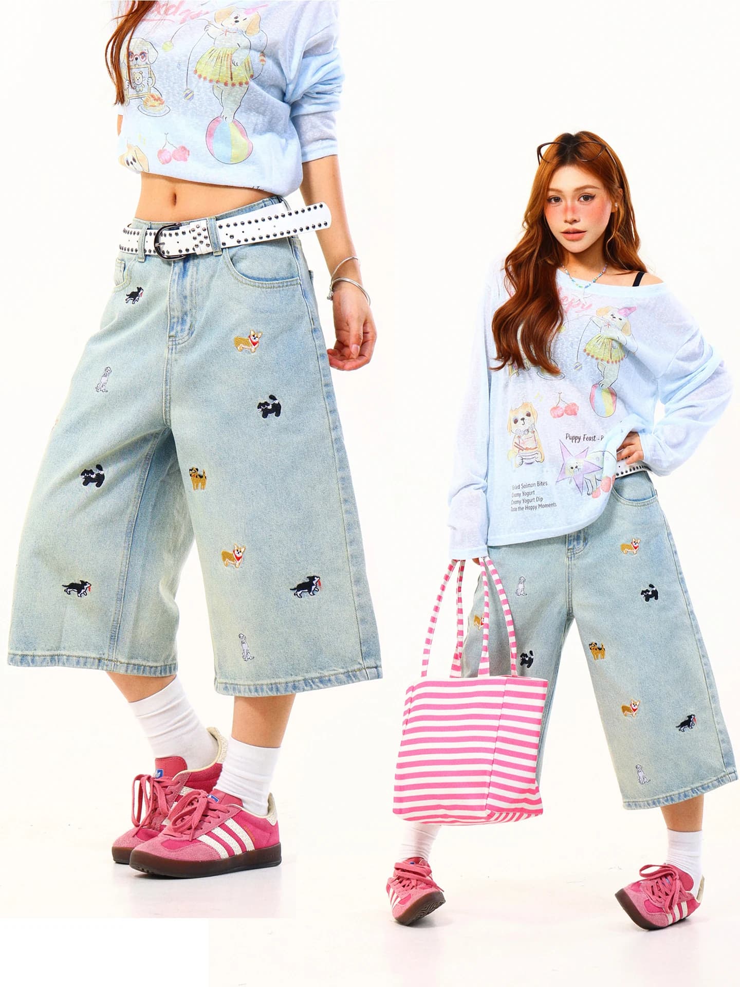 Light Blue American Cartoon Dog Embroidered Jeans Women Summer Vintage Loose Seven-Foot Shorts Wide Leg Natural Waist Denim