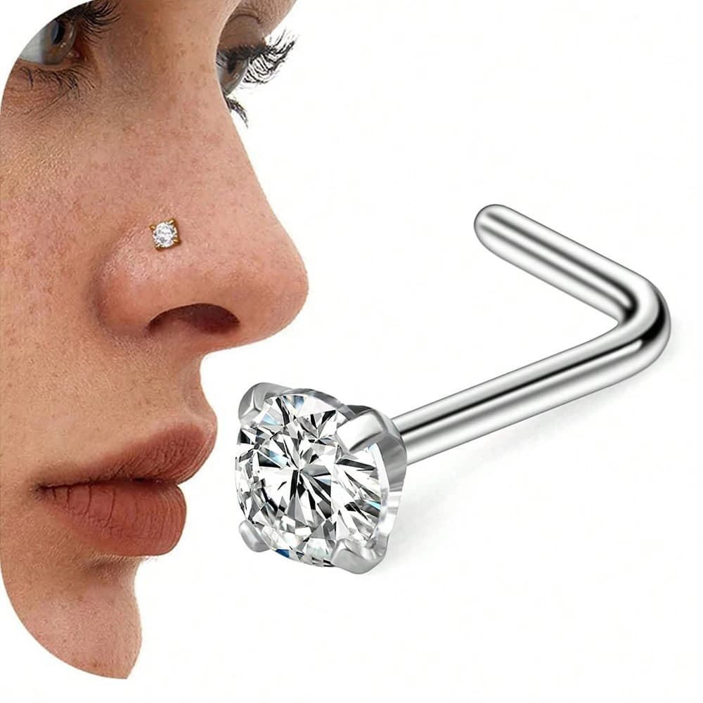 1 pz acciaio inossidabile argento oro oro rosa strass CZ anelli per naso gioielli penetranti a forma di L 1.5mm 2mm 2.5mm 3mm