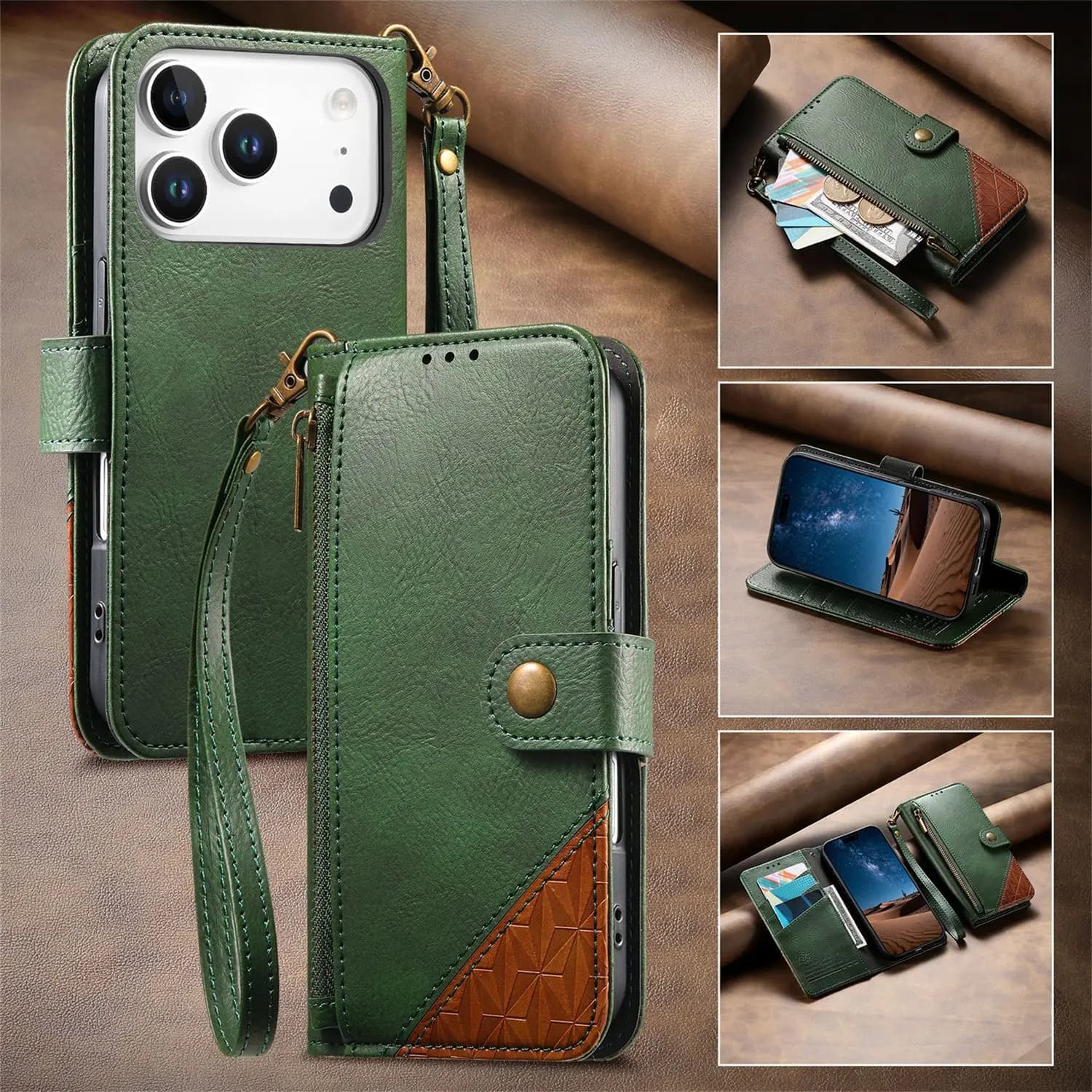Multi 3 Cards Lanyard Leather Flip Case For Samsung Galaxy Wide 8 7 6 5 Jump 4 3 2 5G 2 Colors Collision Wrist Rope Wallet Cover