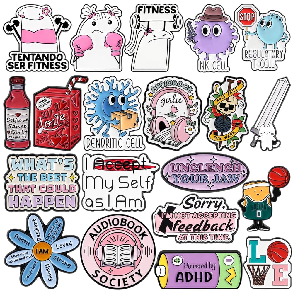 Cartoon Pink Girl Brooches Headphone Pins Simple Sketch Beverage Book Battery Basketball Flower Signal Light Badge Jewelry Gift