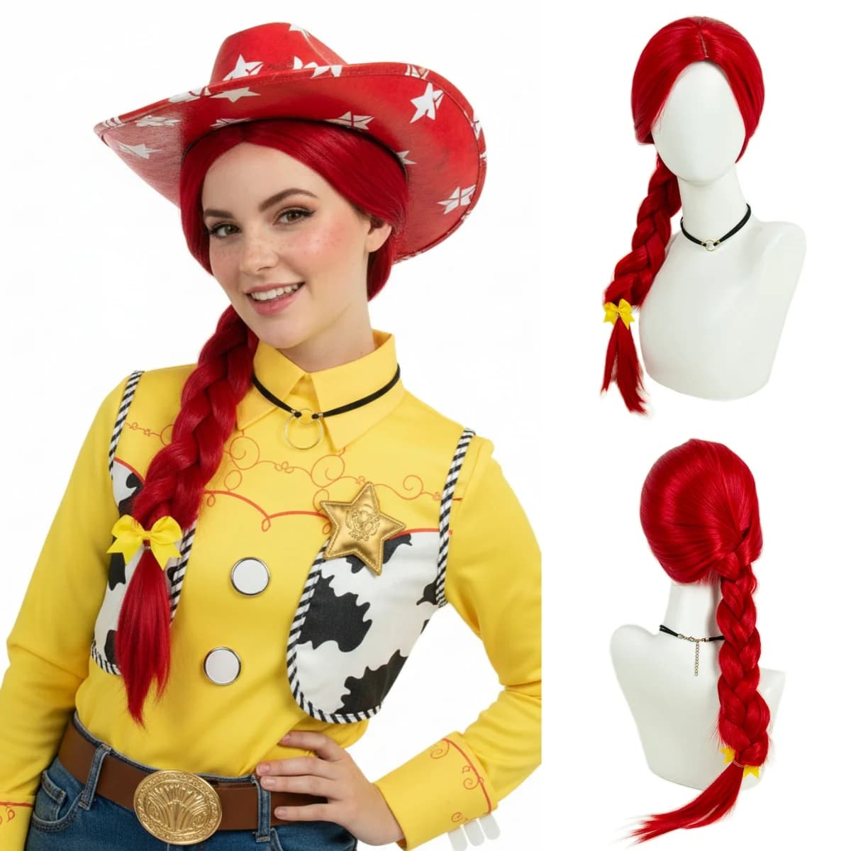REEWES Jessie Parrucca Cosplay Parrucca treccia rossa con clip per fiocco Capelli sintetici lisci per le donne TEEN Party Drama Play Costume