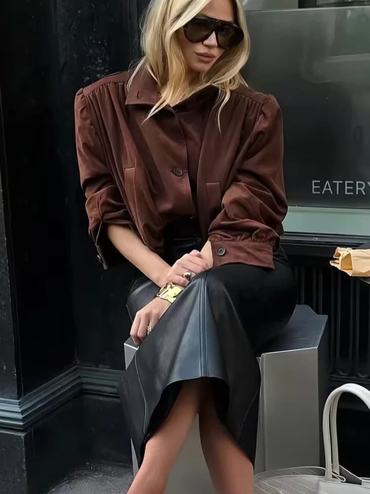HH Women Autumn Vintage Suede Pleated Design Single-breasted Long Sleeves Jacket Female Turtleneck Pockets Casual Short Coat