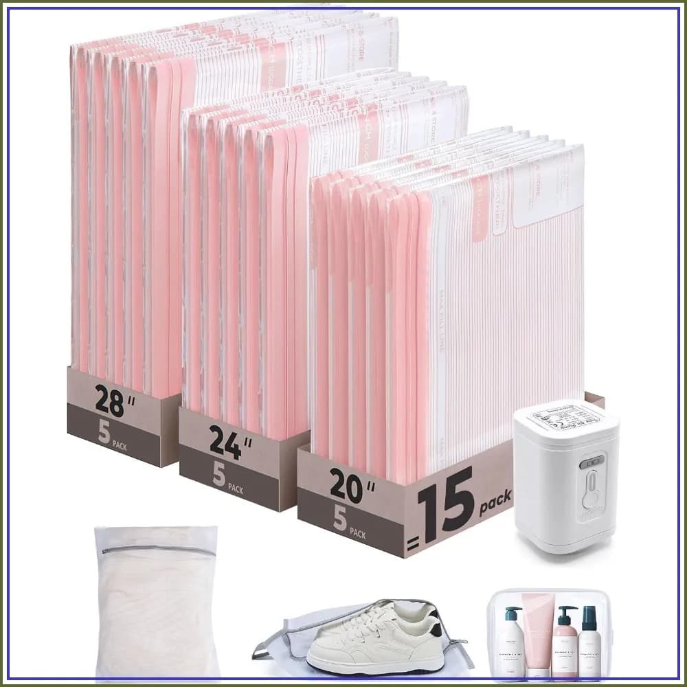 Travel Vacuum Bags with Rechargeable Pump - 18PC Kit, Save 80% Space, Shoe & Laundry Bags Included