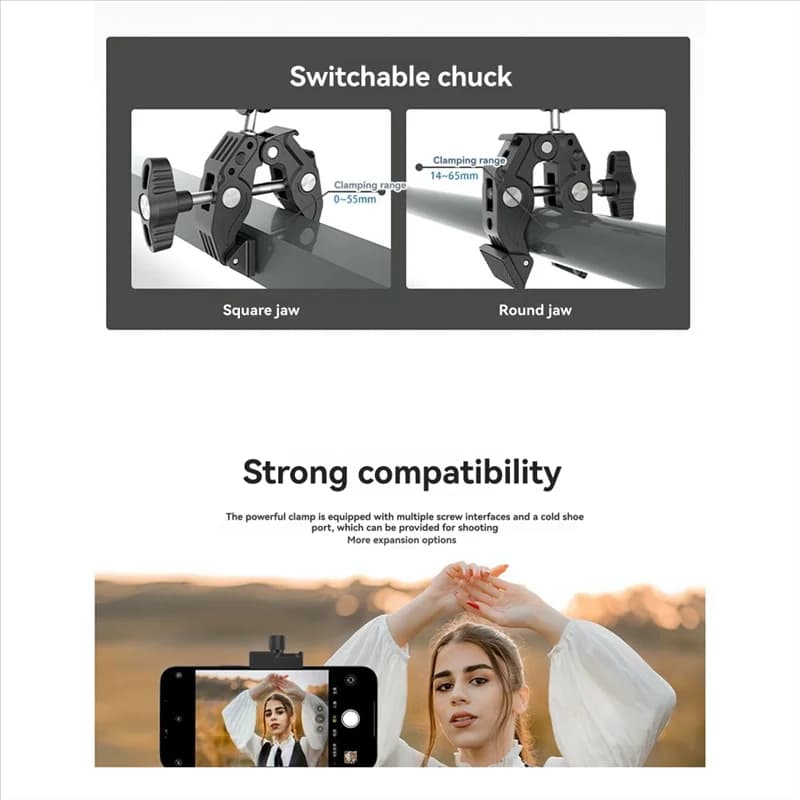 Clip for articulated magic arm B29C-Super Clamp 360 ° Super double head clamp for action room clip with LED light for umbrella monitor