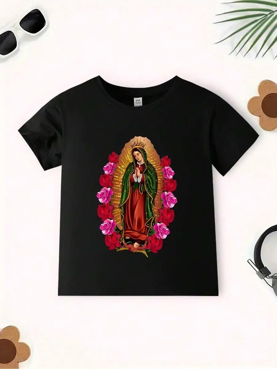 T-shirt girocollo nera per bambini con stampa grafica di icona religiosa, abbigliamento casual estivo