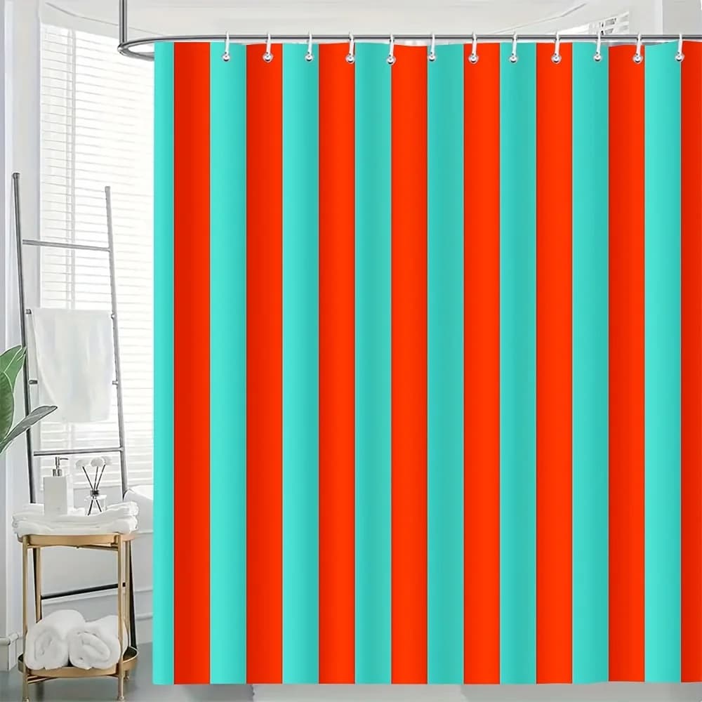 Tenda da doccia con stampa piatta 2D, motivo senza cuciture a strisce verticali turchesi e rosse su sfondo bianco
