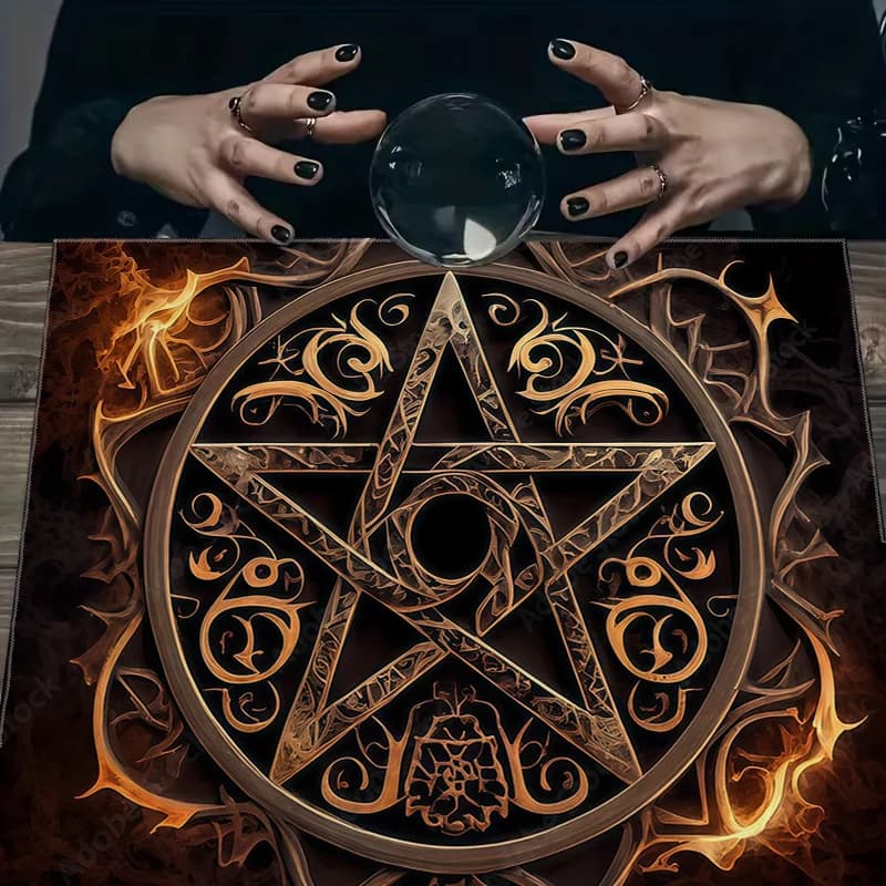 Tappeto da Tavolo per Tarocchi con Pentagramma Fiammeggiante Rosso e Oro, Telo Altare per Purificazione Elemento Fuoco, Tappetino per Divinazione