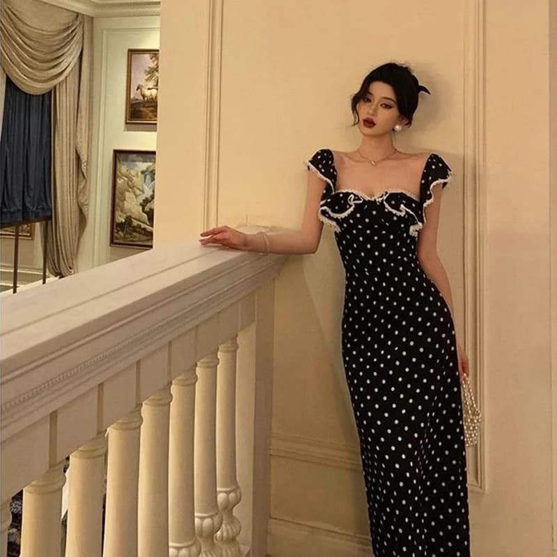 Abito lungo da donna chic con maniche a volant e scollo quadrato, stile vintage a pois, elegante, con orlo a sirena, perfetto per l'estate