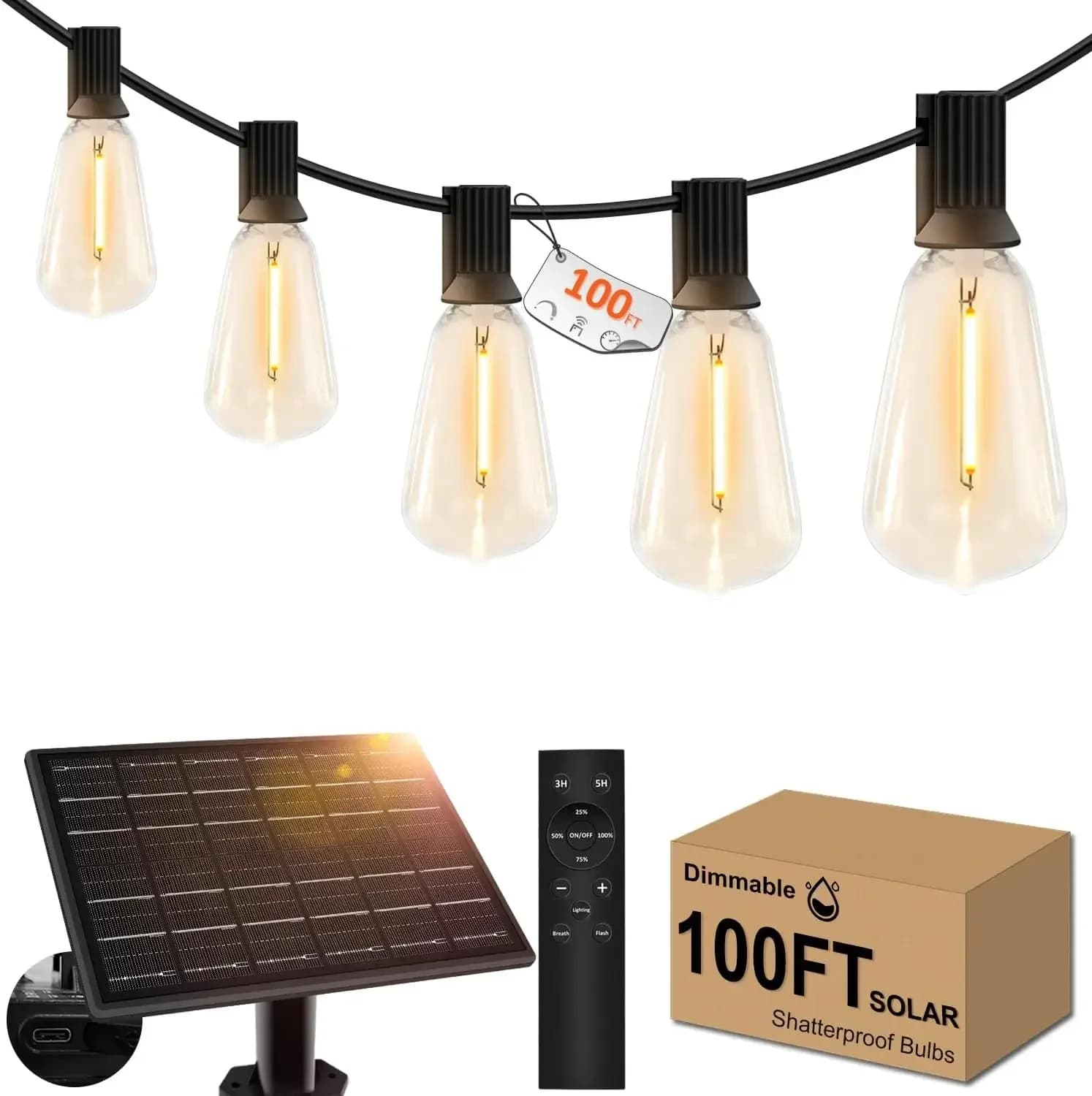 Luci Solari da Esterno a Stringa con Telecomando, Ricaricabili USB, Pannello Grande, Timer, Dimmerabili, Lampadine St38 Infrangibili per Patio e Giardino